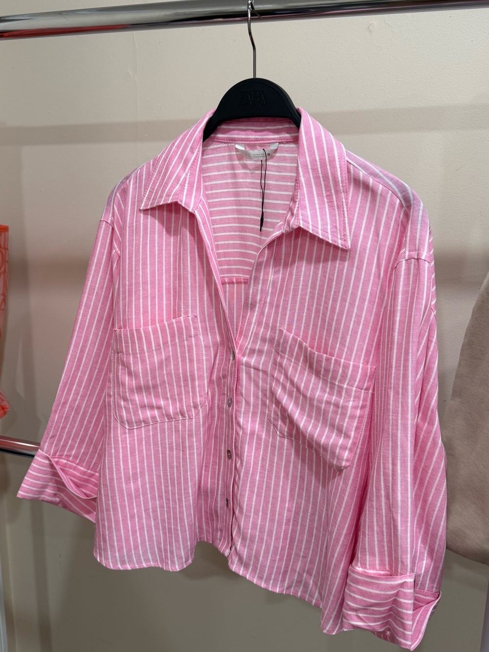 ZARA ZARA Pink White Striped Linen Blend Button Down Shirt M NWT - Picture 5 of 5